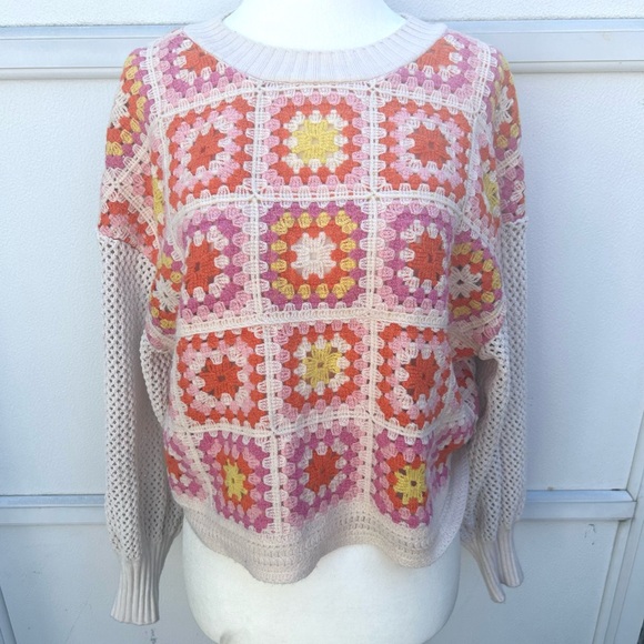 Zara Crochet Sweater Women S Patchwork Square Colorful Puff Sleeve Granny Boxy - Picture 9 of 14